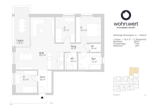 4-Zimmer-Dachgeschoßwohnung am Jahnplatz inmitten von Feldkirch - Erstbezug - zu mieten - Top A3.1
