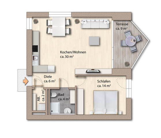 Architektonisch, naturnah & mit besonderen Extras 2-Zimmer-Topgeschosswohnung in Lustenau