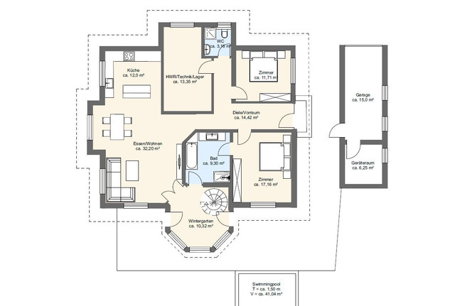 Moderner Bungalow mit Turmzimmer und Poolanlage