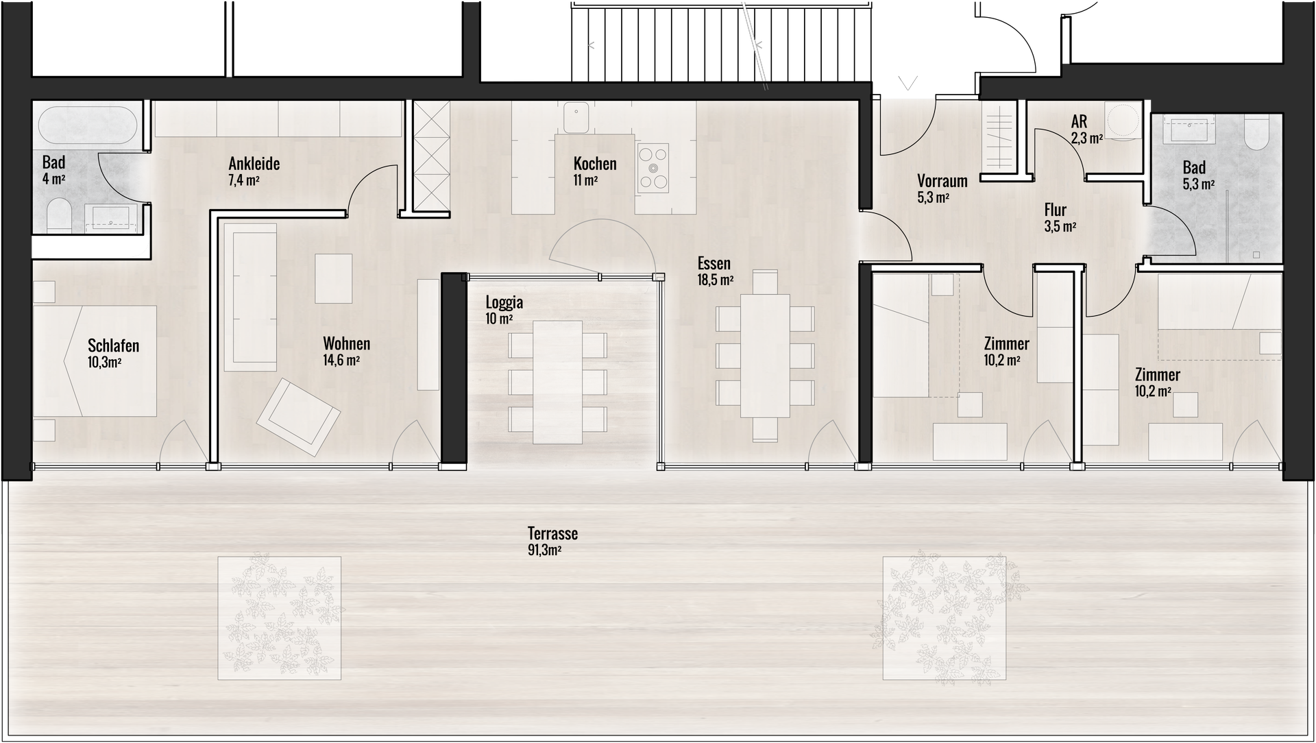 Moderne und hochwertige Penthouse-Wohnung mit Loggia und großer Terrasse