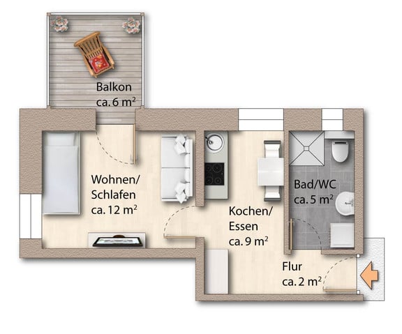 Moderne Wohlfühloase in Grenznähe:  2-Zimmer Neubauwohnung Top 5