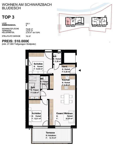 Großzügige 3 Zimmer Wohnung im ersten Obergeschoss - Wohnen am Schwarzbach in Bludesch