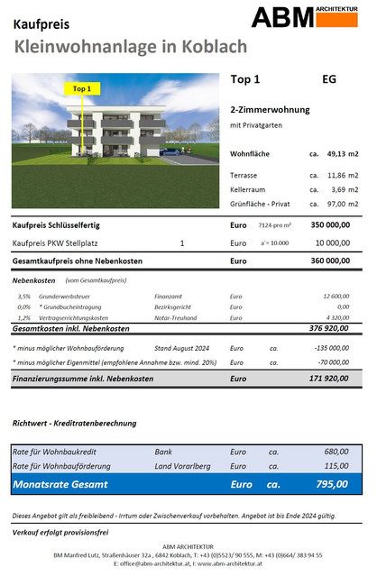 2-Zimmer Gartenwohnung - Top 1 -          Monatsrate inkl. WBF ca. 795 Euro