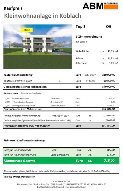 2-Zimmerwohnung im Obergeschoss - Top 3 -          Monatsrate inkl. WBF ca. 715 Euro