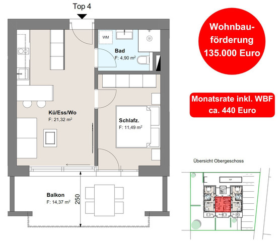 2-Zimmerwohnung im Obergeschoss - Top 4 -          Monatsrate inkl. WFB ca. 440 Euro