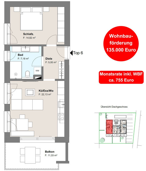 2-Zimmerwohnung im Dachgeschoss- Top 6 -          Monatsrate inkl. WBF ca. 755 Euro