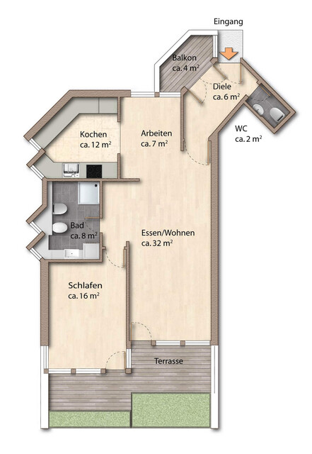 Wohnen mit viel Platz: 2-Zimmer-Wohnung mit großer Südwest-Terrasse