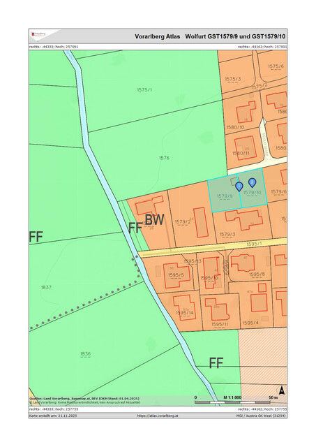 Provisionsfrei! 2 attraktive Baugrundstücke 404 und 446 m² oder gesamt 850 m² in sonniger und ruhiger Lage in Sackgasse Wolfurt