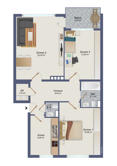 Tosters: 3 Zimmer Wohnung mit genialem Grundriss und Balkon