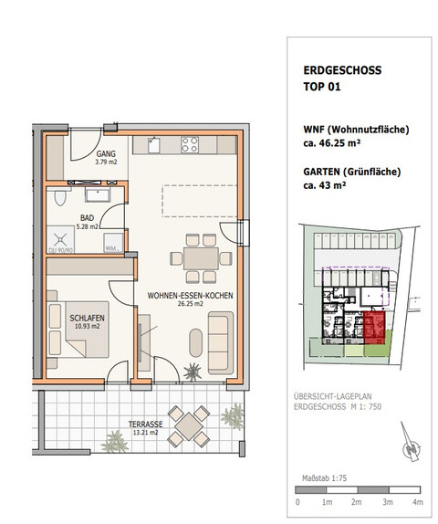 2-Zimmer Gartenwohnung in Fußach – Terrasse & Grünfläche | 46,25 m² | mit Wohnbauförderung - Top 1