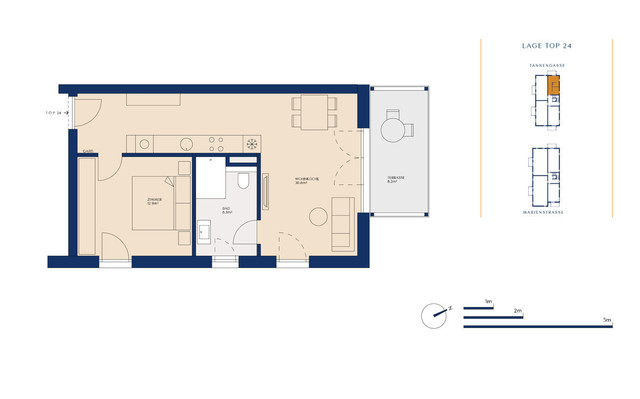 Sofortbezug!  |  Top 24 Haus 2  |  Ruhige 2-Zimmer-Dachterrassen-Wohnung Marienstraße 10 + 10a in Gisingen zu verkaufen!