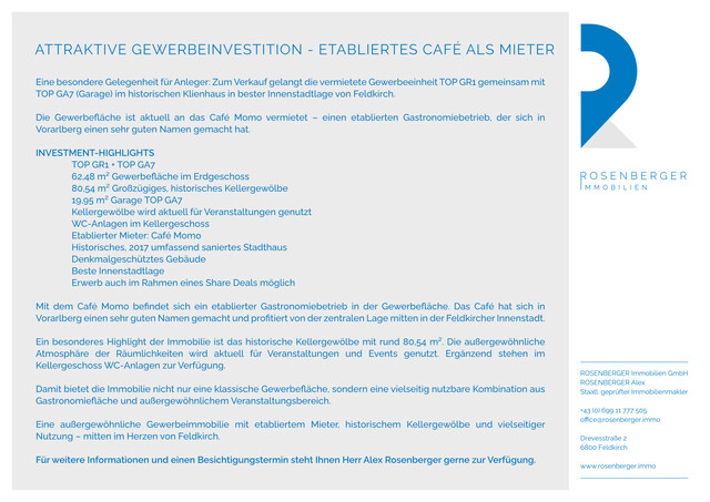 ATTRAKTIVE GEWERBEINVESTITION - ETABLIERTES CAFÉ ALS MIETER / TOP GR1 
