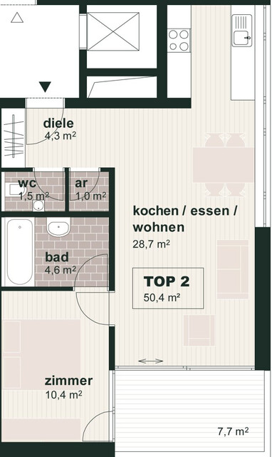 2 Zimmer Mietwohnung - Lagerhaus (Dorf 10) - Top 2