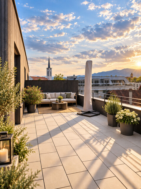 Penthouse über den Dächern von Lustenau. 63 m² Wohnraum. 72 m² Dachterrasse.