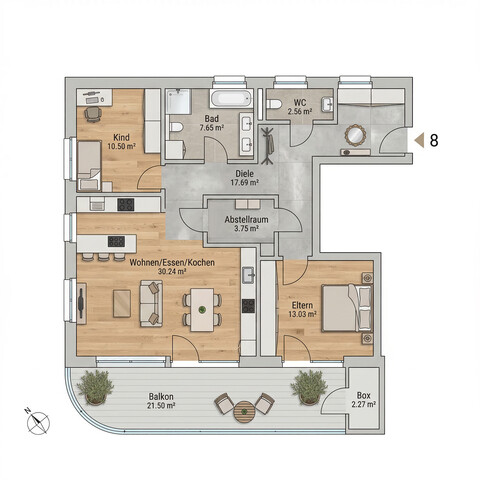 Moderne 3-Zimmer-Wohnung mit großem Balkon