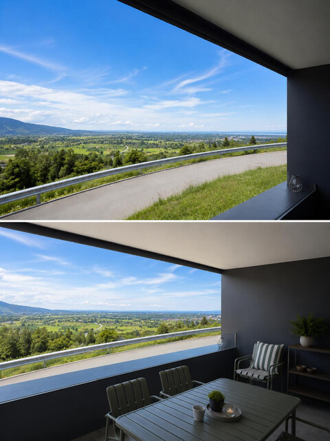 Moderne und helle Neubauwohnung in ruhiger Toplage am Dornbirner Knie mit wunderschönem Blick über das Rheintal bis hin zum Bodensee.