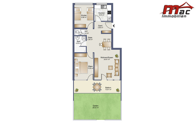 Generalsanierte 3 Zimmer Gartenwohnung