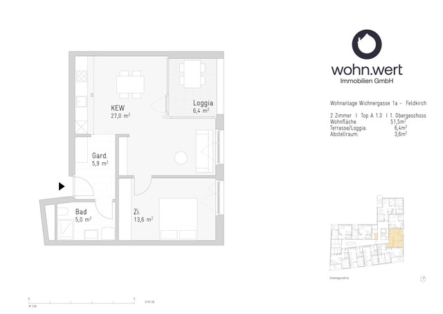 2-Zimmerwohnung am Jahnplatz inmitten von Feldkirch - Erstbezug - zu mieten - Top A1.3