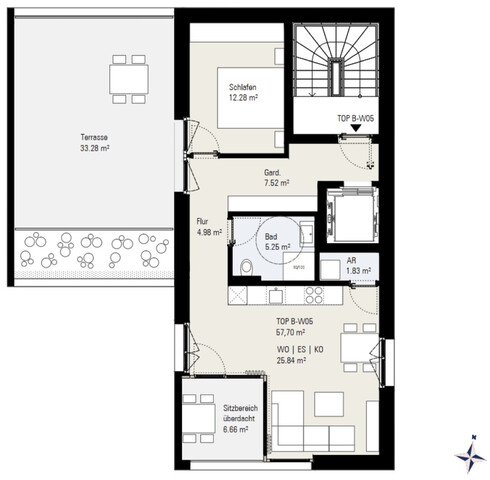 Exklusive 2-Zimmerwohnung mit Penthouse-Flair, großer Terrasse und Loggia, in Grenznähe