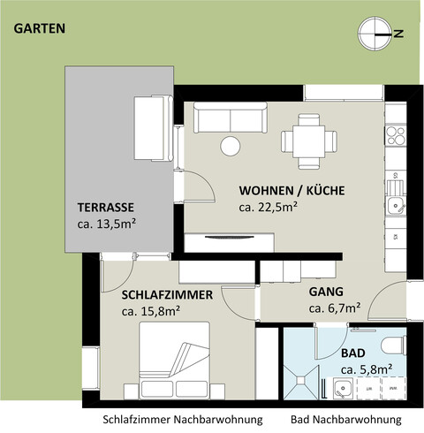 Moderne 2-Zimmer-Wohnung mit sonniger Terrasse in Weiler