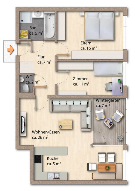 Licht, Raum, Komfort: 3-Zimmer-Wohnung mit verglastem Balkon
