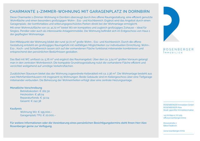 CHARMANTE 1-ZIMMER-WOHNUNG MIT GARAGENPLATZ IN DORNBIRN