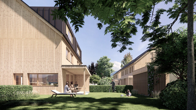 Feldkirch - Tosters, Neubau - Vollholz Eckreihenhaus mit 102 m², 5 Zimmer + Studio, eigener Keller und Garten - Bezug Herbst 2026