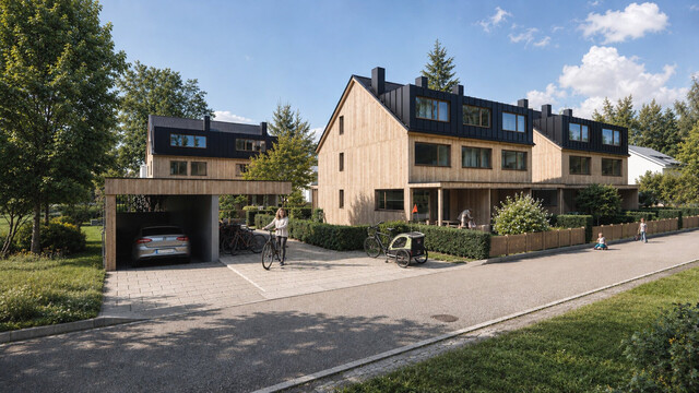 Feldkirch - Tosters, Neubau - Vollholz Eckreihenhaus mit 102 m², 5 Zimmer + Studio, eigener Keller und Garten - Bezug Herbst 2026