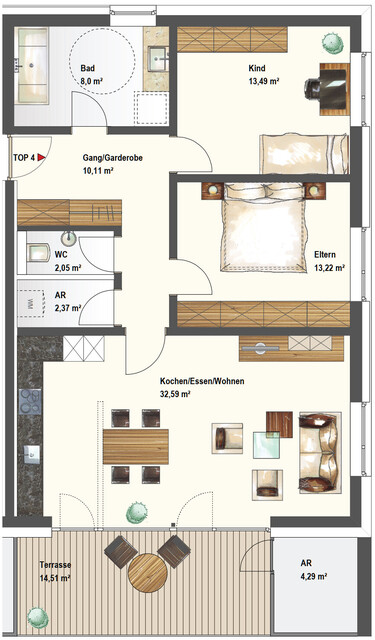 Sofort verfügbar! 3-Zimmer-Wohnung mit Südterrasse W03 / MIETE