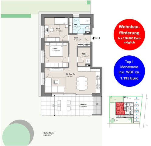 3-Zimmer Gartenwohnung mit ca. 200m2 Privatgarten