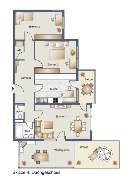 Charmante 3-Zimmer-Dachgeschosswohnung mit großem Wintergarten, Terrasse und Balkon